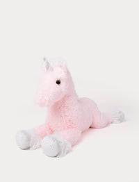 Soft pink unicorn plush toy lying down with sparkly silver horn and hooves.