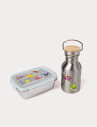 A stainless steel lunch box with a transparent lid and a matching water bottle, both decorated with Babblarna characters.