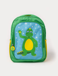 A green children's backpack featuring the Bolibompa dragon on a blue starry background, with yellow side pockets.