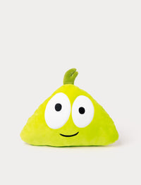 Green triangular plush toy with large round eyes, a small green sprout on top, and a friendly smile.