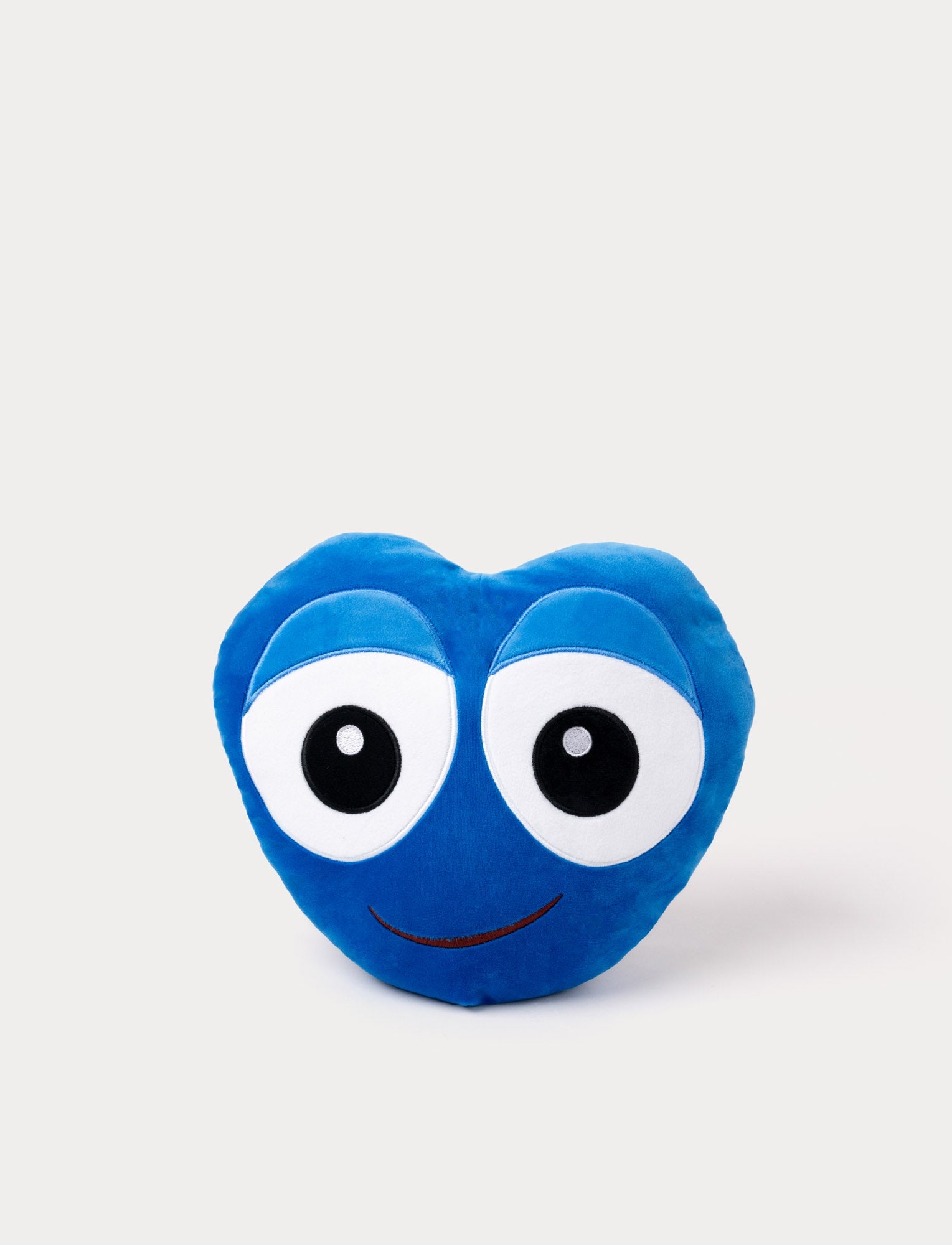  Image of Blue heart-shaped plush toy with large round eyes and a friendly embroidered smile.