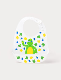 Soft silicone bib in pastel colors with a cute Bolibompa design, featuring an adjustable closure and deep spill pocket.