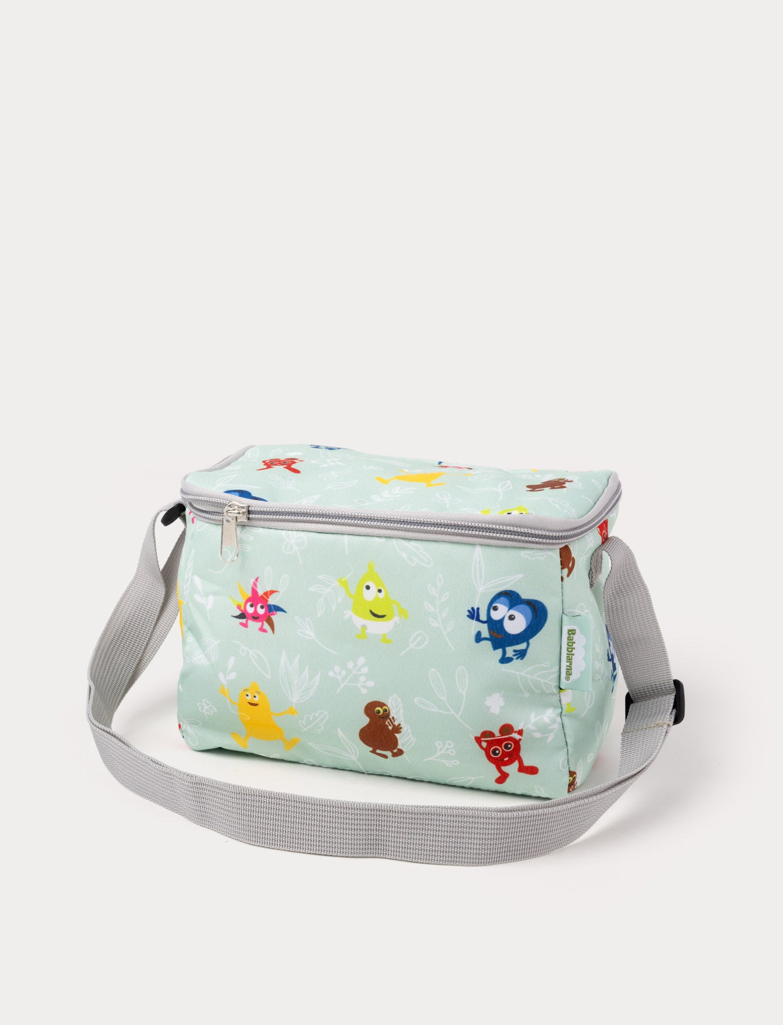  Image of Light green insulated lunch bag with Babblarna characters and a grey shoulder strap.
