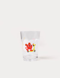 Clear drinking glass with colorful Babblarna characters playing on a cloud background.