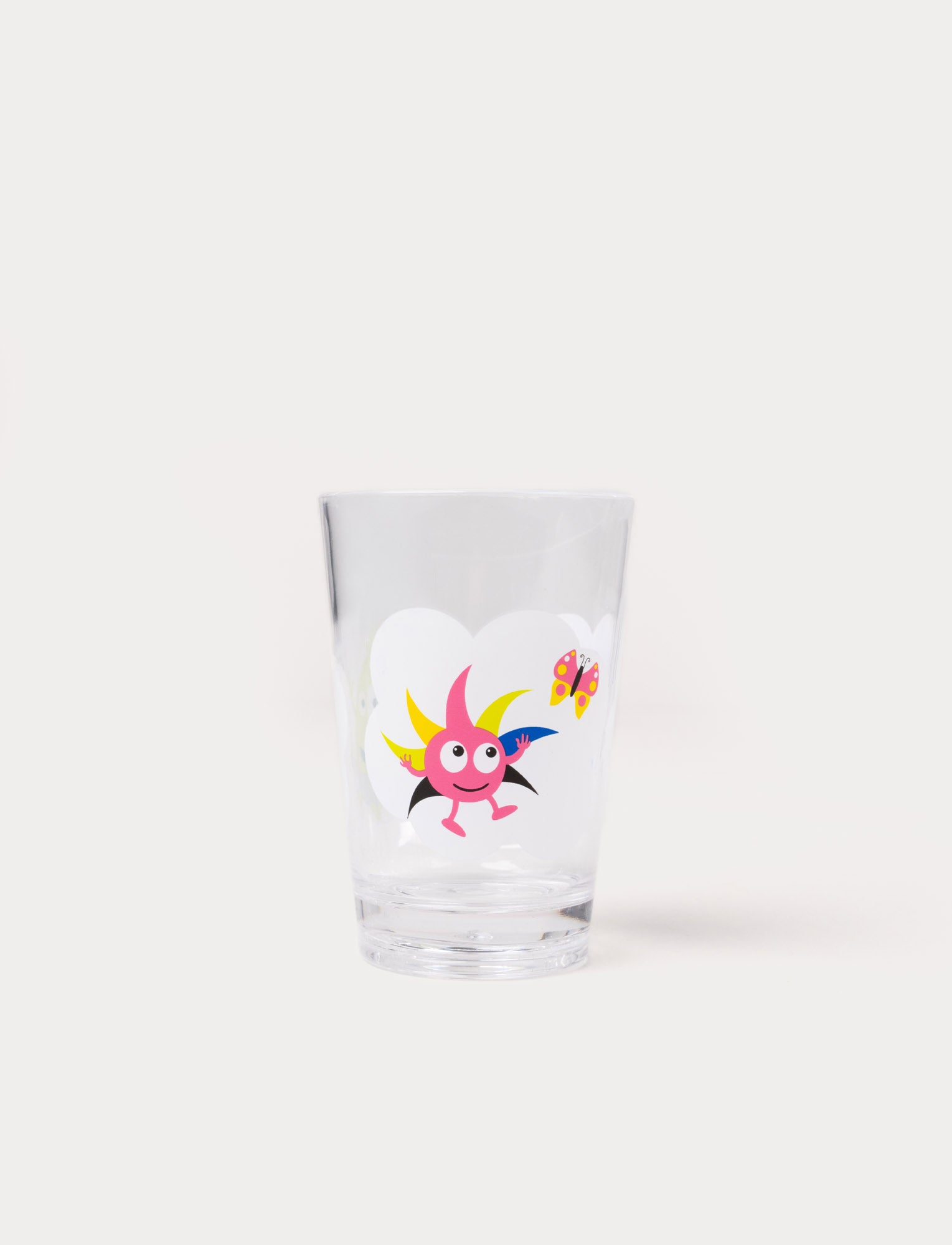  Image of Clear drinking glass with colorful Babblarna characters playing on a cloud background.