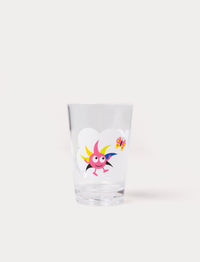 Clear drinking glass with colorful Babblarna characters playing on a cloud background.