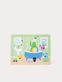Colorful wooden puzzle with Bolibompa the Dragon in bathtub surrounded by cute animals in a bathroom scene, 24 pieces.