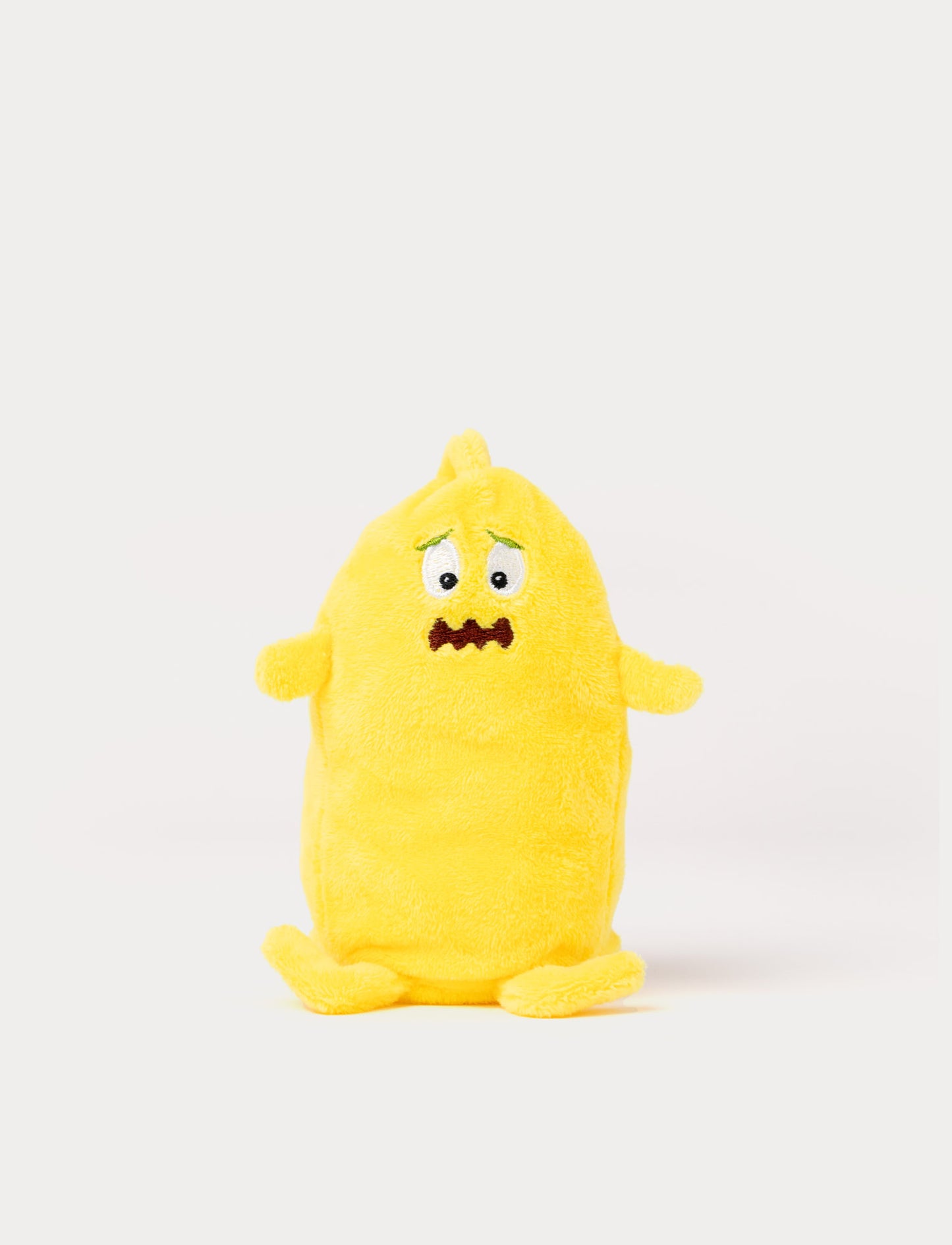 Reversible Babblarna Bibbi plush toy in yellow with a worried, anxious face.