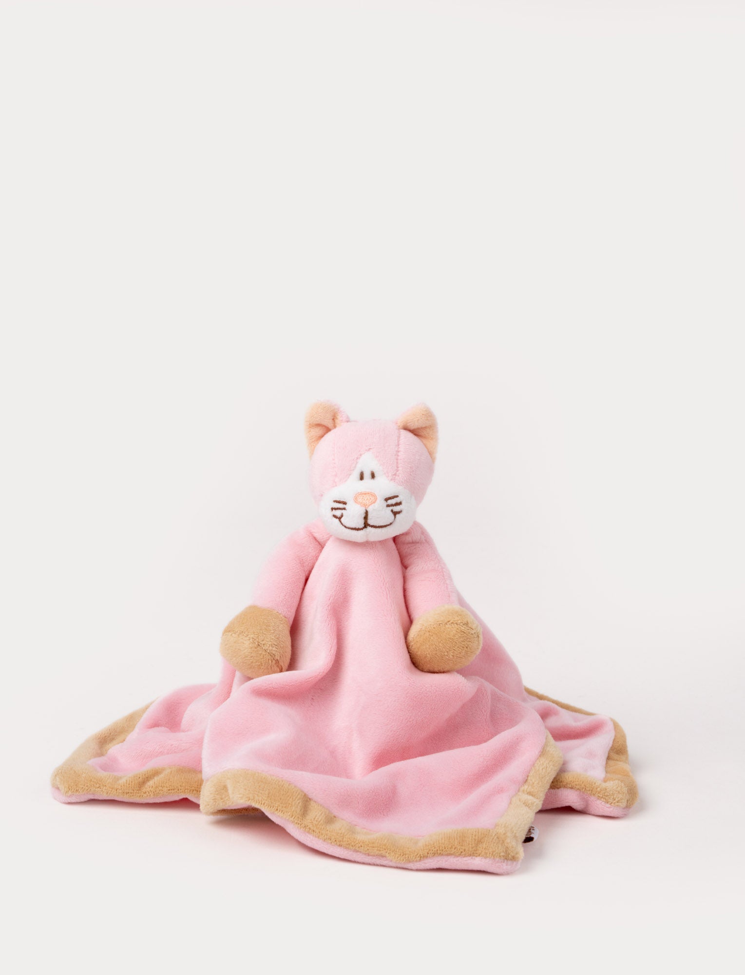  Image of A pink baby blanket with a soft plush cat, white and beige details