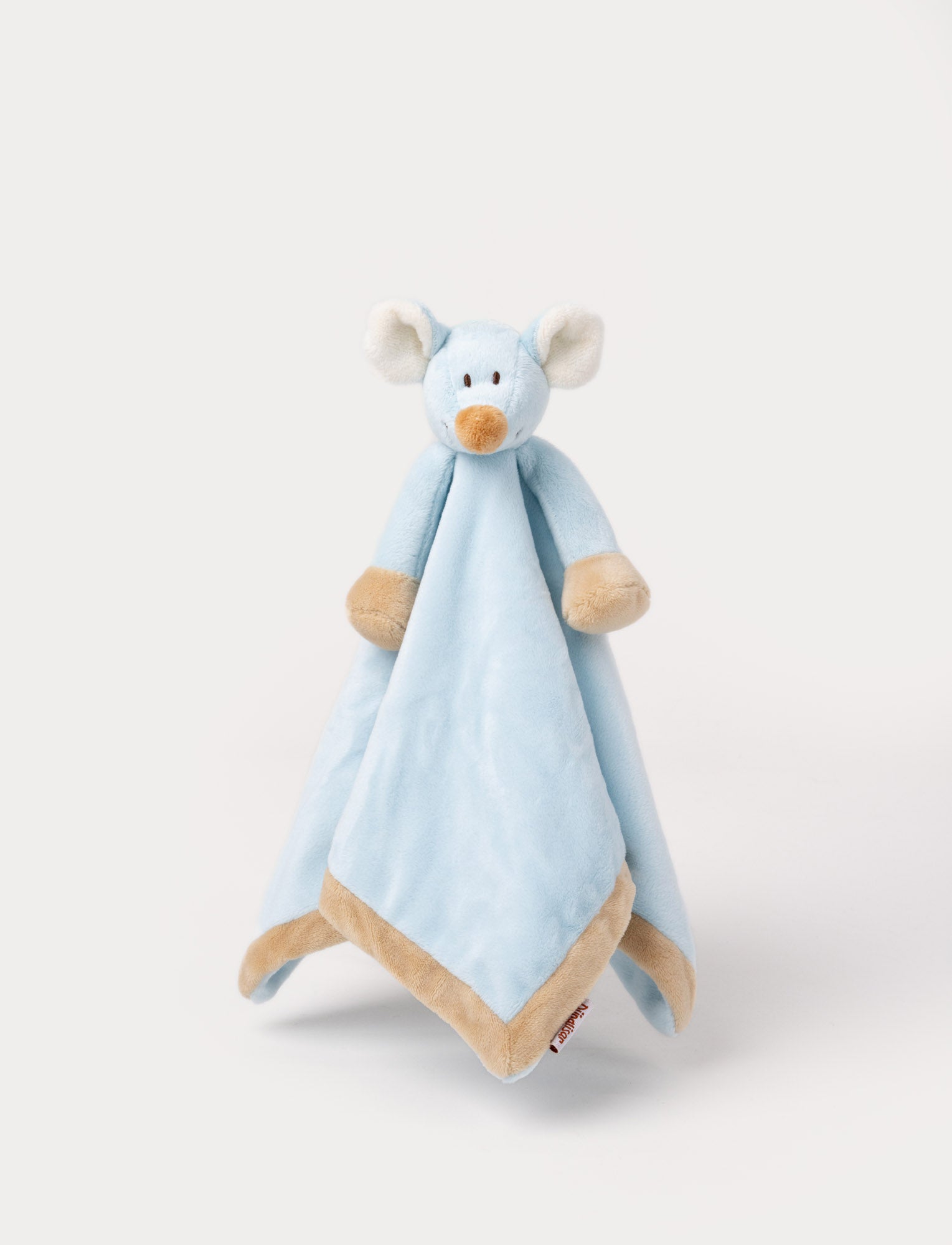  Image of A soft blue baby blanket with a plush mouse, beige contrast details