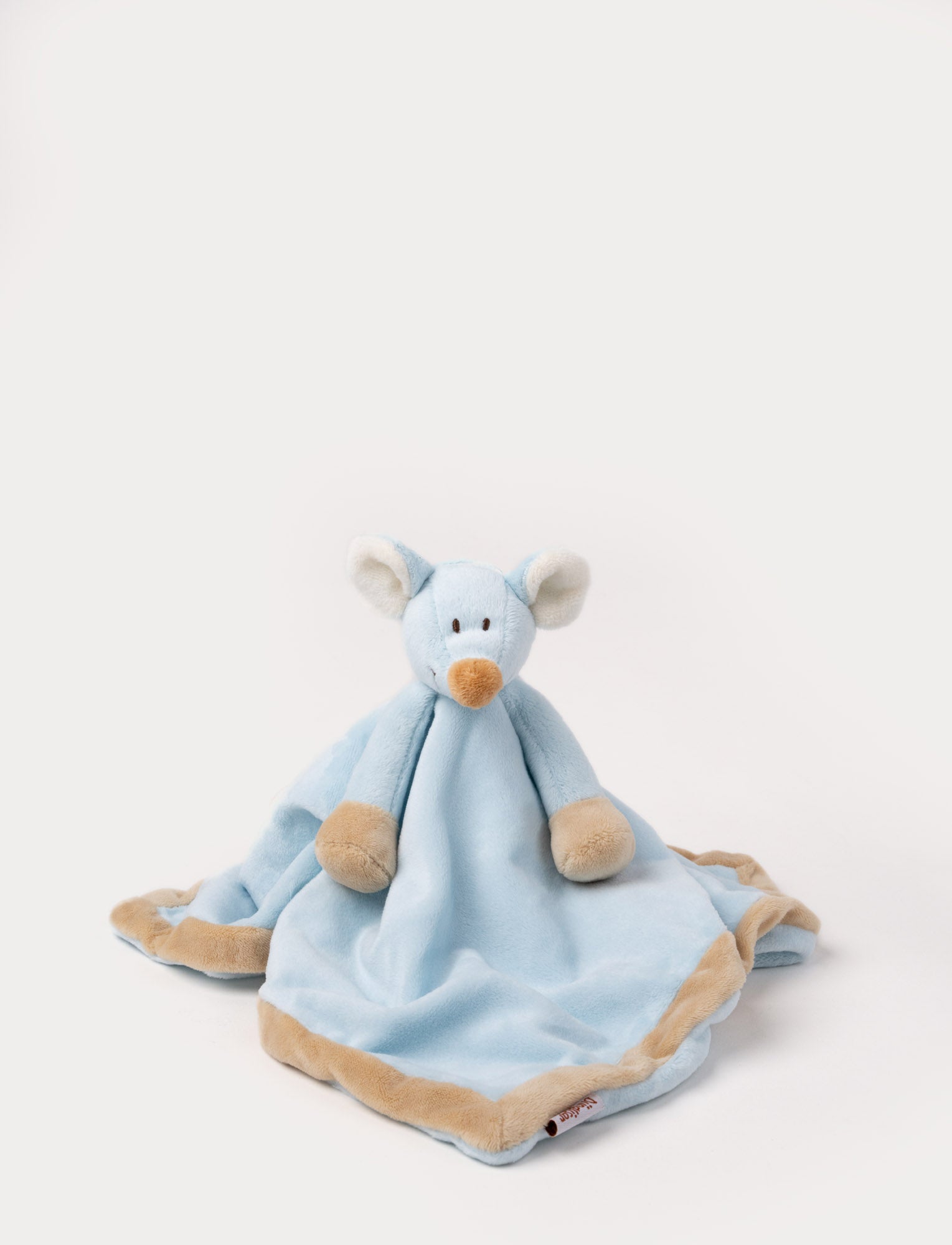  Image of A soft blue baby blanket with a plush mouse, beige contrast details