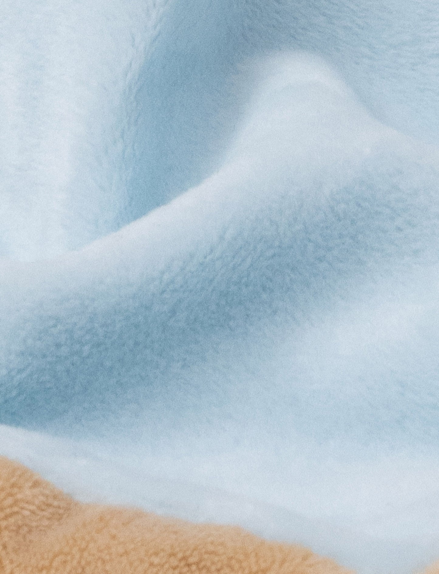 A soft blue baby blanket with a plush mouse, beige contrast details