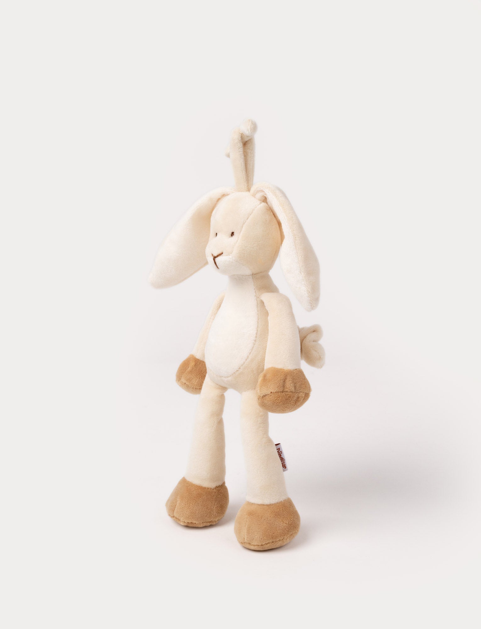  Image of A plush beige bunny music box with floppy ears, a white belly, and a hanging loop.