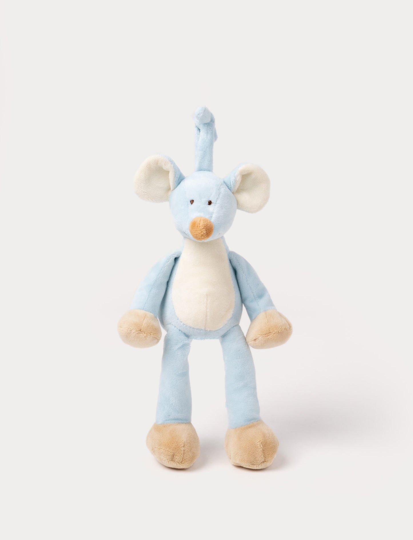 A plush blue mouse music box with large ears, a white belly, and a fabric loop for hanging.