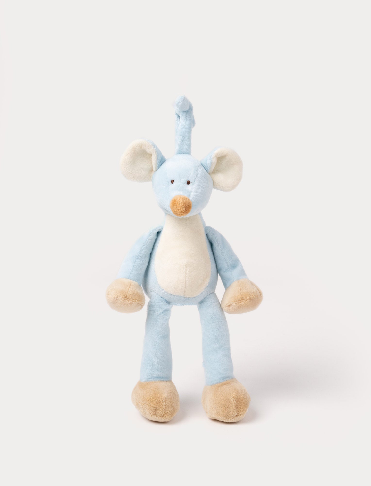  Image of A plush blue mouse music box with large ears, a white belly, and a fabric loop for hanging.