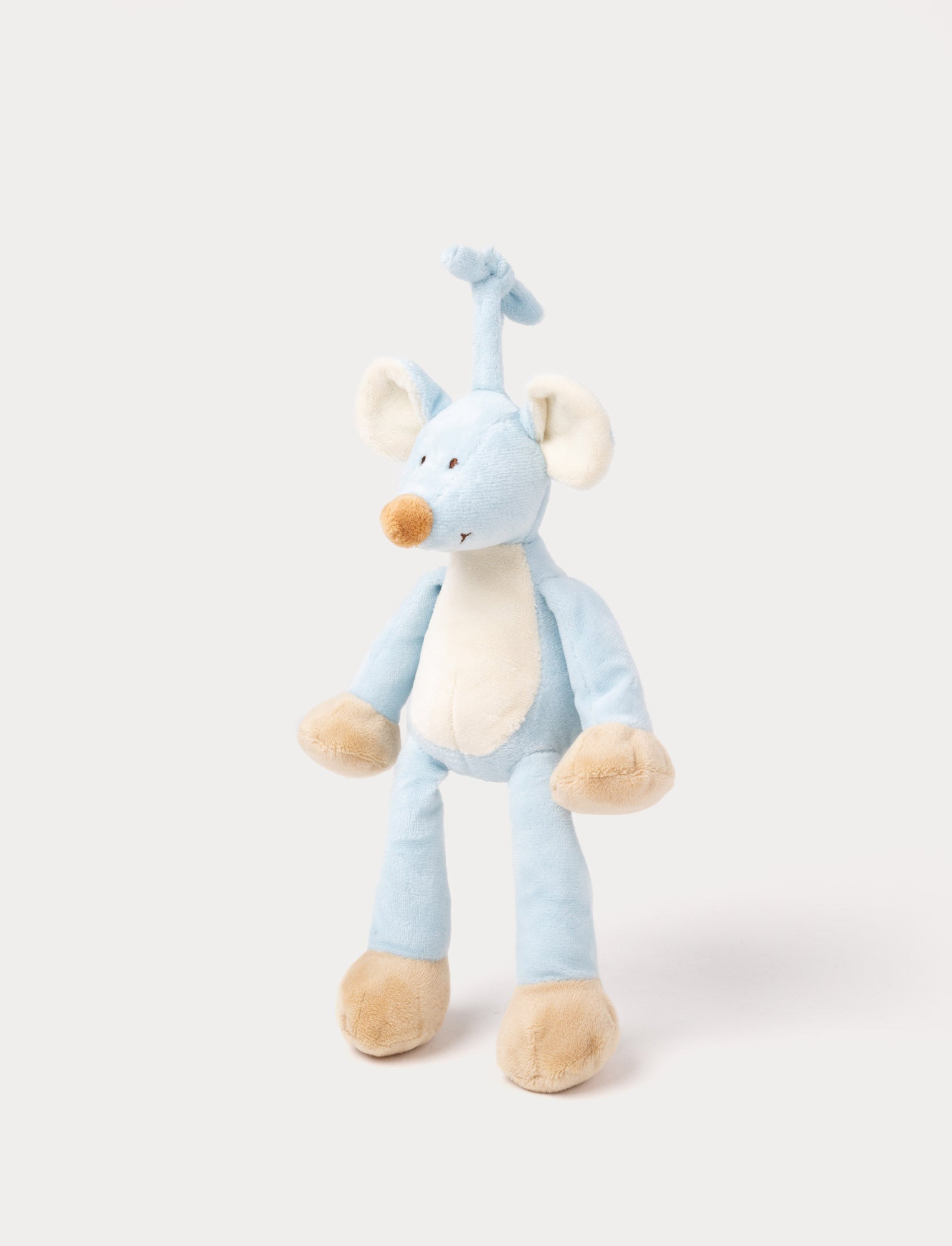  Image of A plush blue mouse music box with large ears, a white belly, and a fabric loop for hanging.