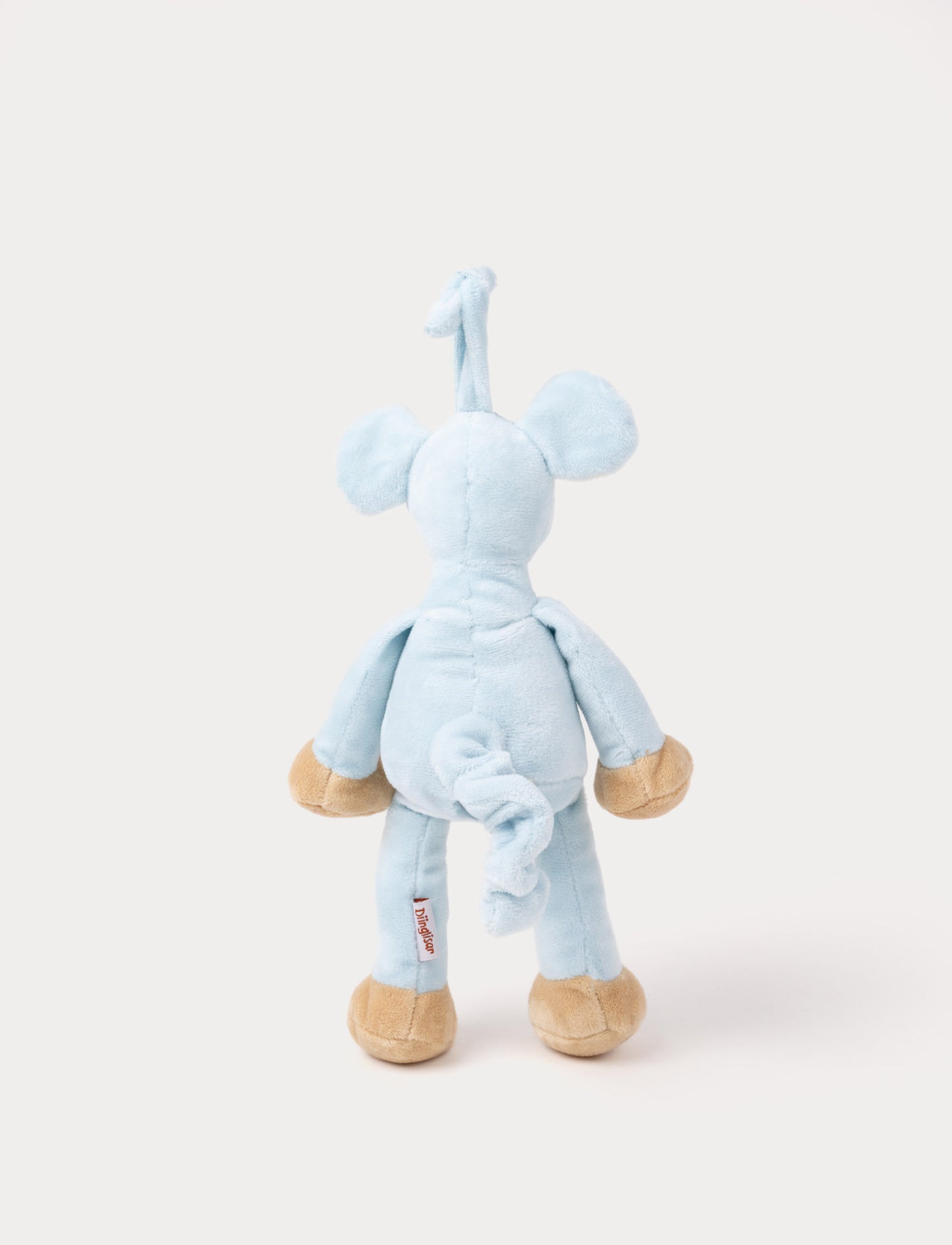A plush blue mouse music box with large ears, a white belly, and a fabric loop for hanging.