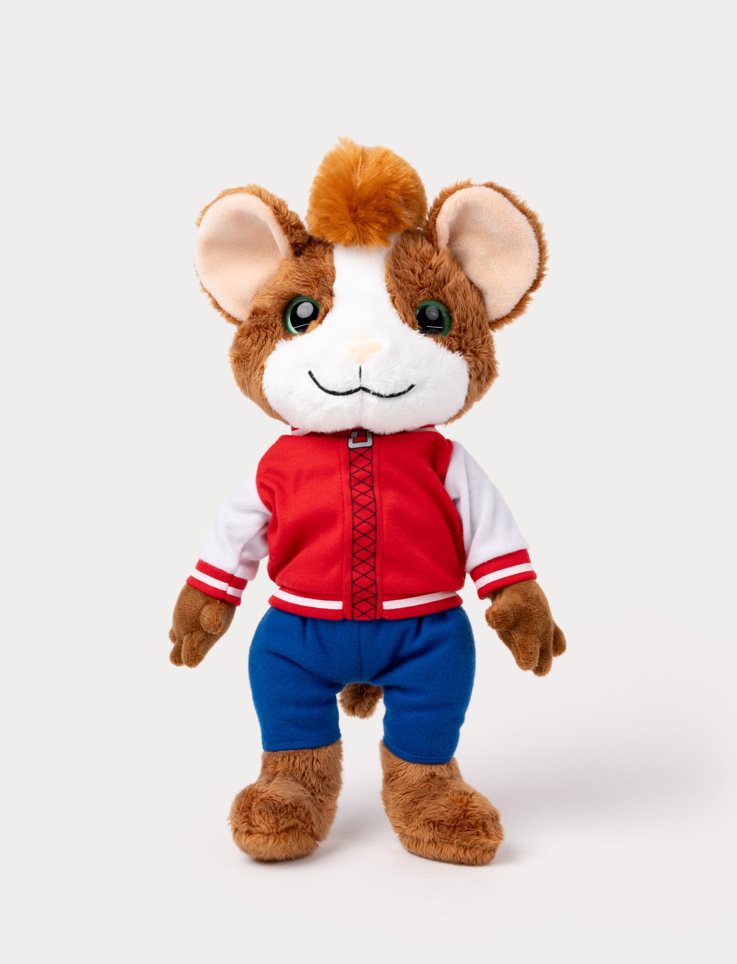 Musse, the mouse, wearing a red jacket and blue pants, with big expressive eyes and a friendly smile.