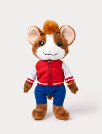 Musse, the mouse, wearing a red jacket and blue pants, with big expressive eyes and a friendly smile.