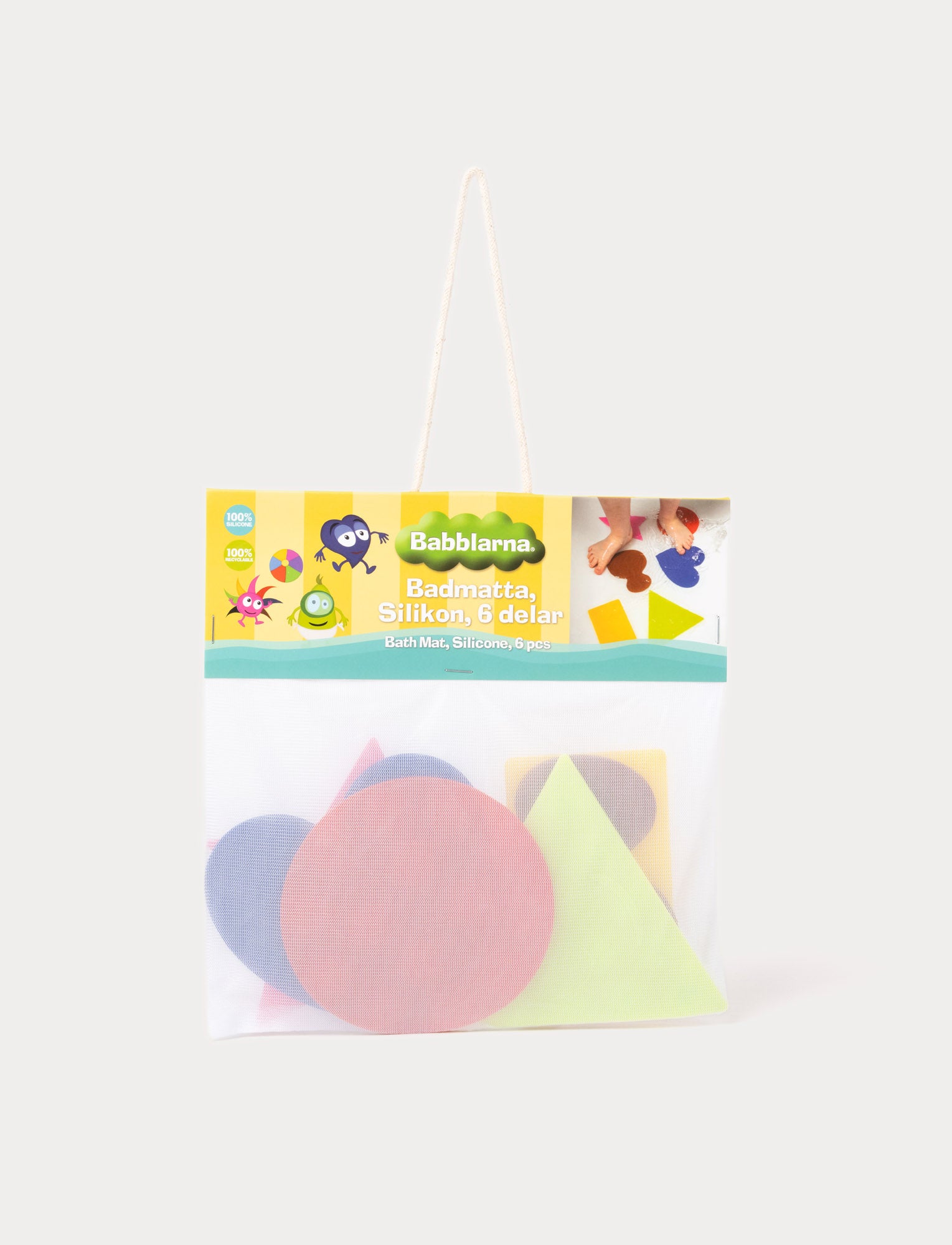  Image of Colorful mini bath mats featuring Babblarna characters, with various shapes and suction cups for a secure fit.