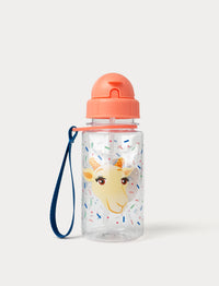 Clear water bottle with a pink lid and Lollo & Bernie design on a white background