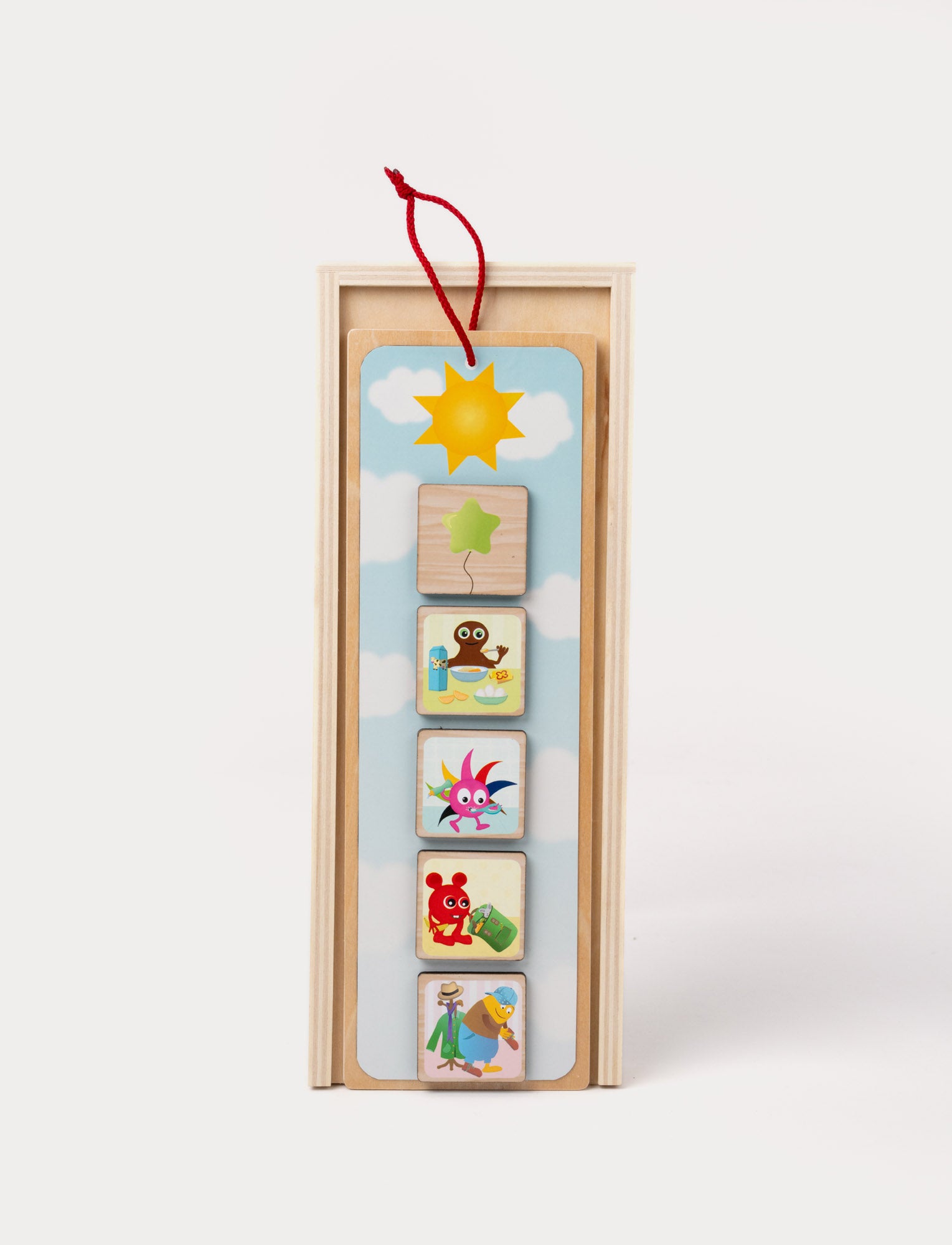 Image of Babblarna wooden activity calendar with colorful character tiles and day-and-night theme.