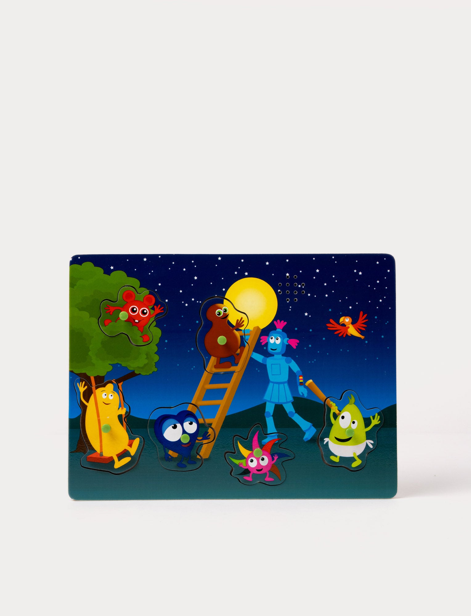  Image of Babblarna wooden sound puzzle with colorful characters under a night sky and moon.