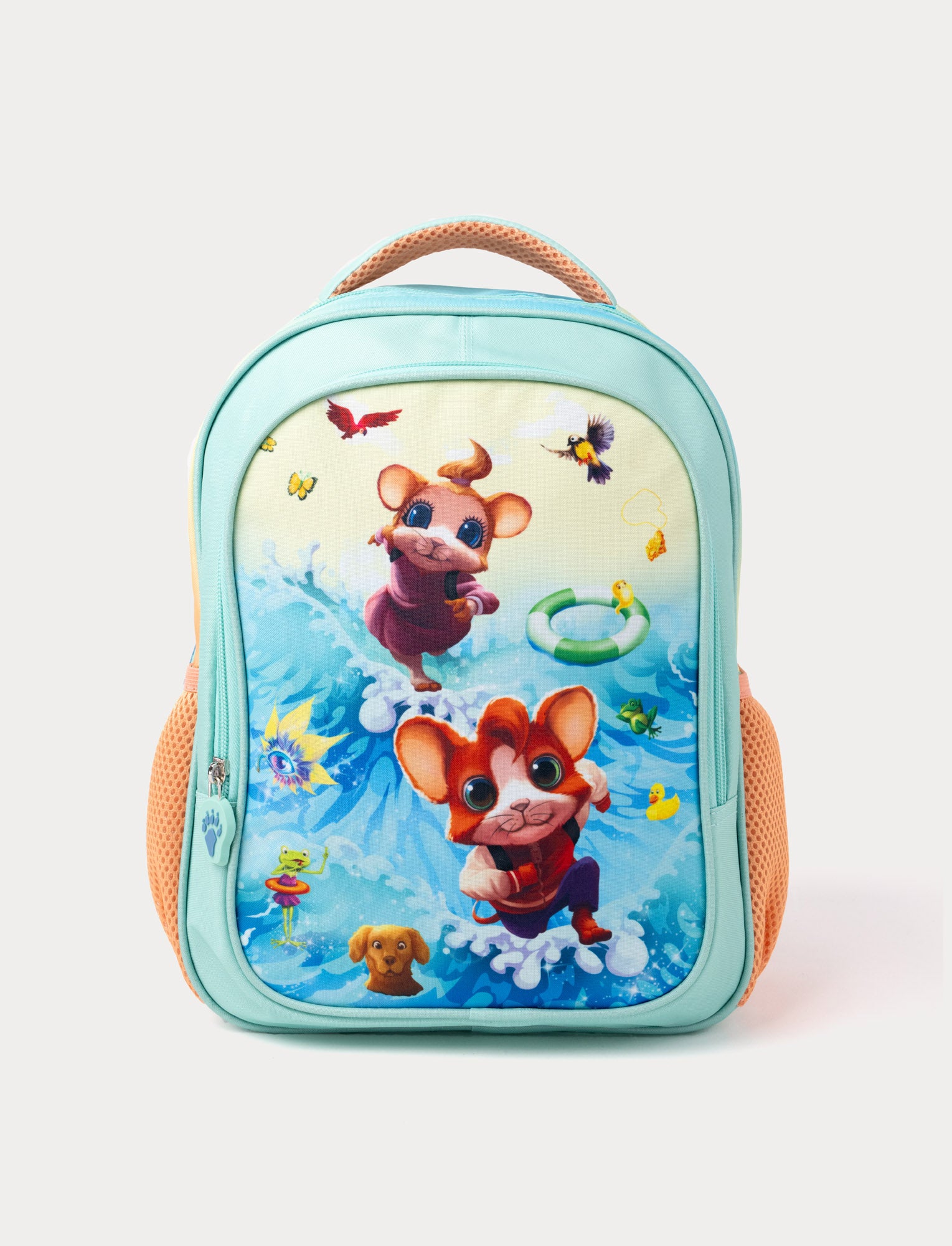  Image of Colorful Maxu & Helium children’s backpack featuring playful mouse characters surfing on blue waves, with birds, butterflies, and a dog in the vibrant design
