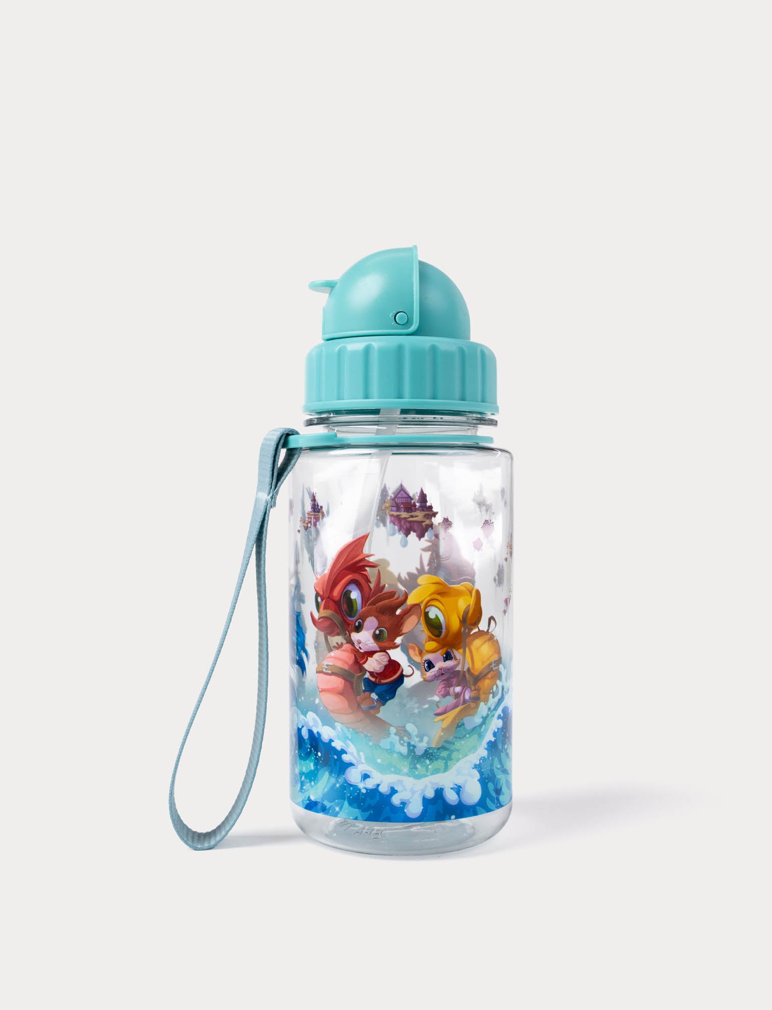  Image of Clear children’s water bottle with turquoise lid and strap, featuring colorful Musse and Helium characters riding waves in a playful ocean design