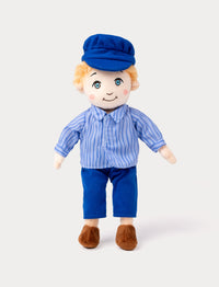 Soft plush doll of Emil of Lönneberga  wearing a blue striped shirt, blue pants, a blue cap, and brown shoes.