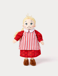 Plush doll of Ida from Emil in Lönneberga, wearing a red striped dress with matching skirt and soft brown shoes.