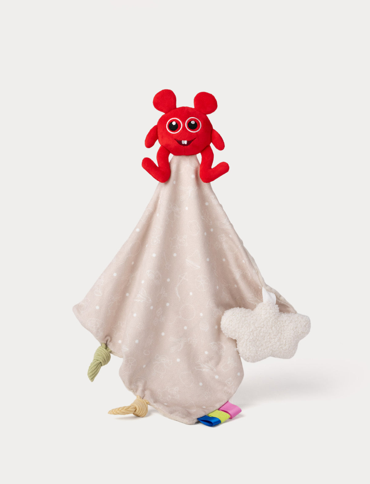 A baby security blanket featuring a Bobbo from Babblarna at the top. A light beige fabric body with white polka dots, a white cloud attachment, and small colorful fabric tabs and knots at the bottom,