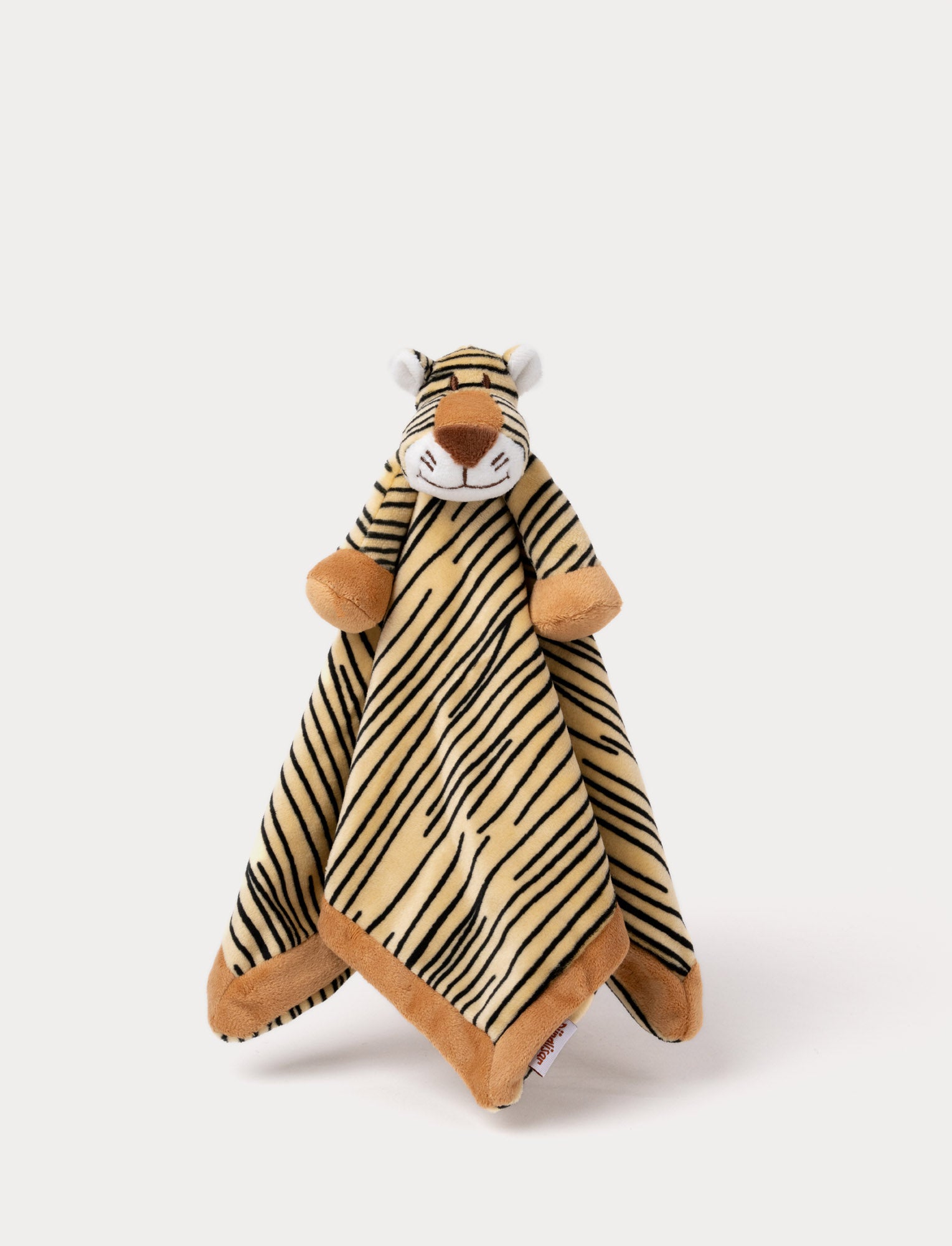  Image of A soft tiger-shaped baby blanket with beige and brown details