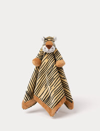 A soft tiger-shaped baby blanket with beige and brown details