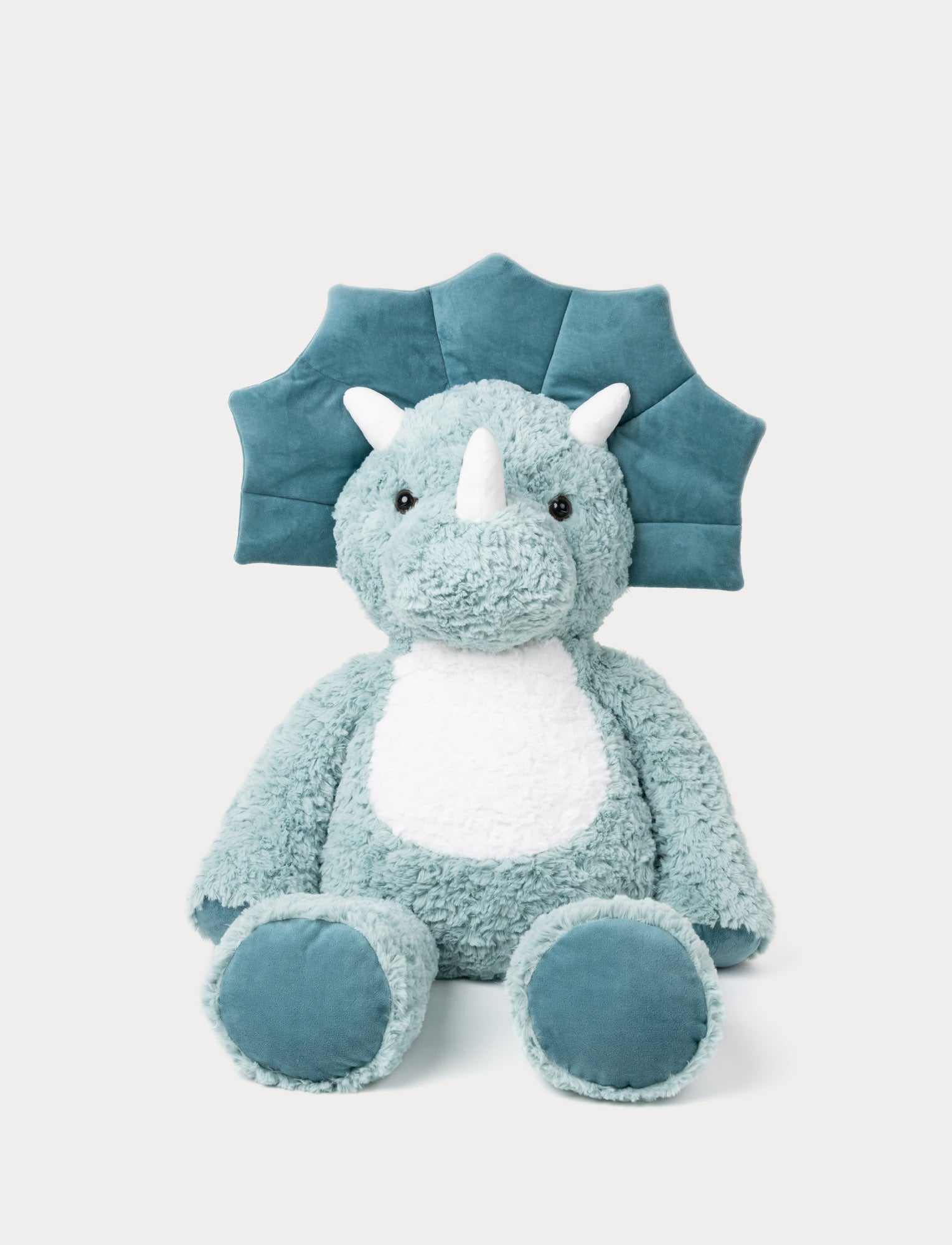  Image of Soft plush triceratops dinosaur toy in teal with a white belly, three small white horns, and a large frill,