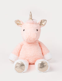 Soft pink plush unicorn toy with gold horn, shiny gold ears and hooves, and white accents on paws