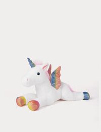 White Plush unicorn toy with shimmering rainbow details on a white background