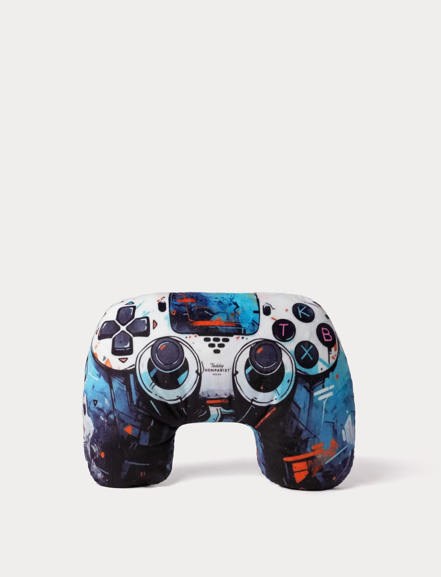  Image of Plush gaming controller with a colorful design on a white background