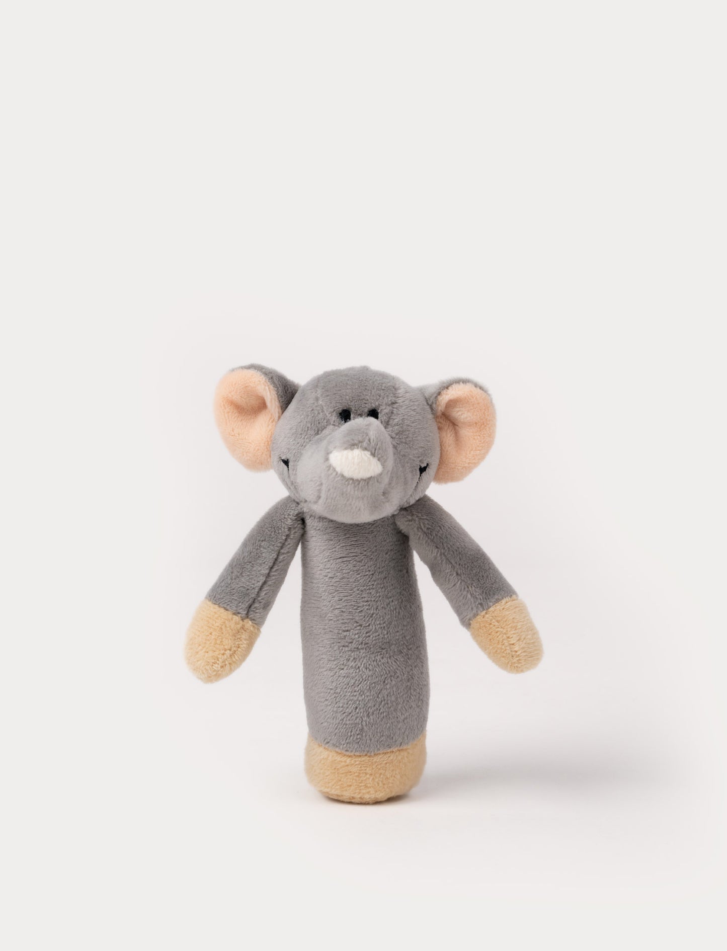 A gray elephant-shaped rattle with soft material and an easy-to-grip design.