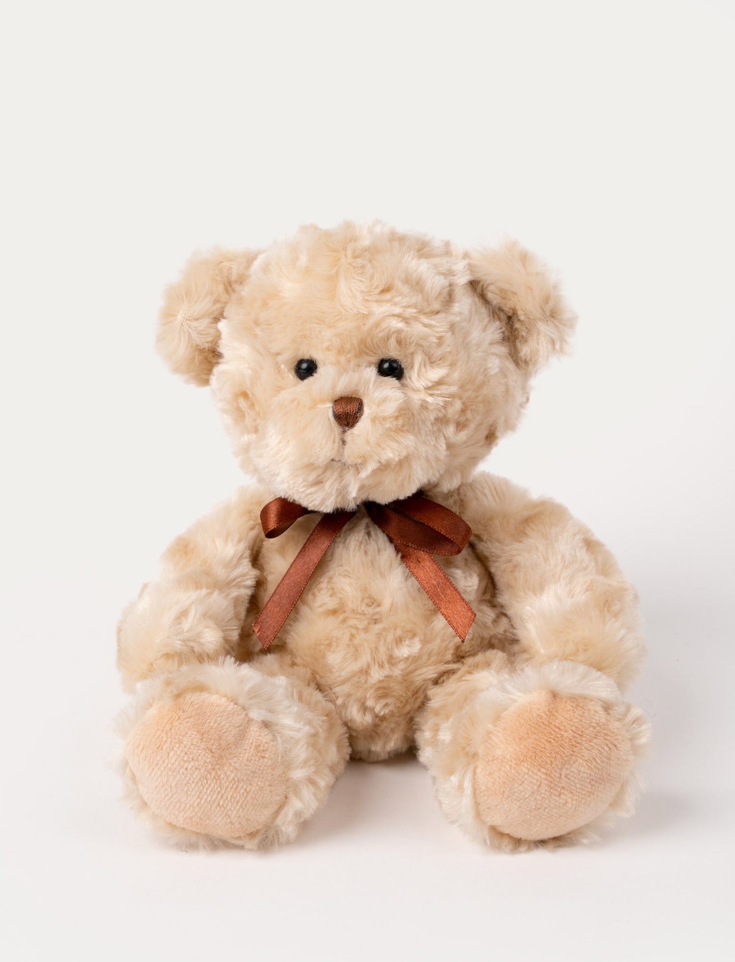 Beige teddy bear with a brown bow on a white background