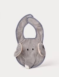 A grey elephant-shaped baby bib with floppy ears, a soft trunk, and a stitched smiling face.