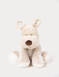 Soft, light beige plush dog with floppy ears, a round brown nose, and white paws.