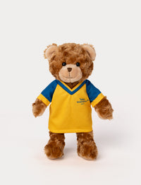 Stuffed teddy bear toy wearing a yellow and blue football shirt 