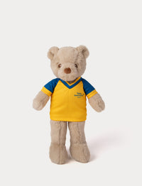 Stuffed teddy bear toy wearing a yellow and blue football shirt 