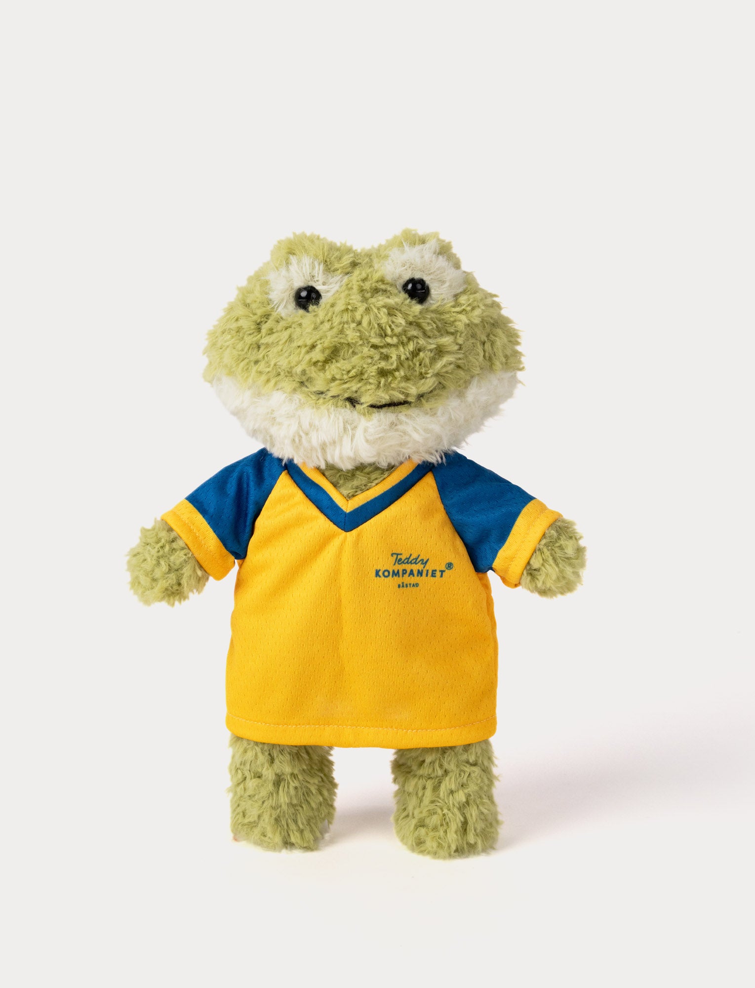  Image of Stuffed frog toy wearing a yellow and blue football shirt 