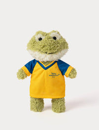 Stuffed frog toy wearing a yellow and blue football shirt 