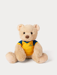 Stuffed teddy bear toy wearing a yellow and blue football shirt 