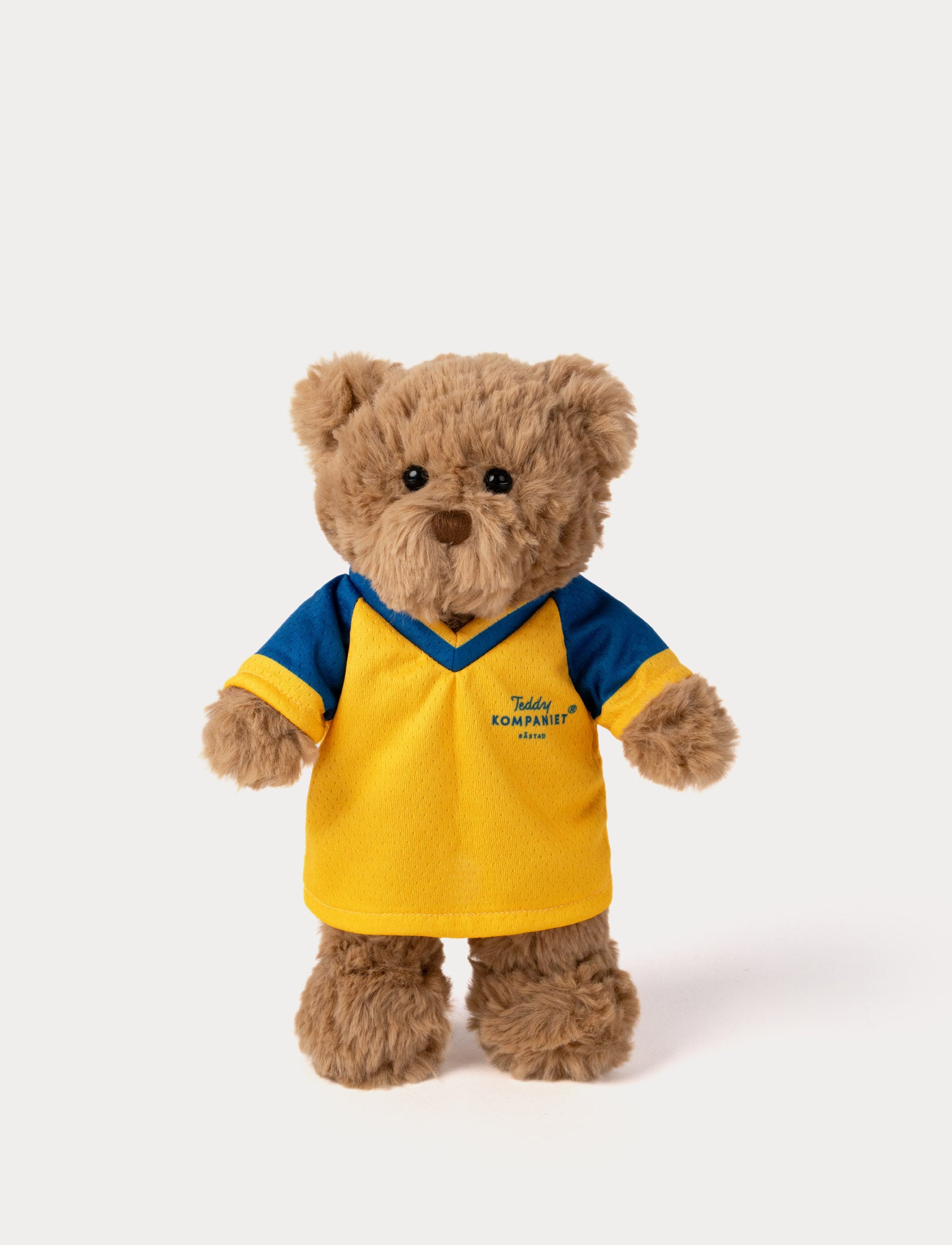  Image of Stuffed teddy bear toy wearing a yellow and blue football shirt 