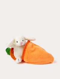 A small plush bunny peeks out from a soft, zippered carrot-shaped pouch.