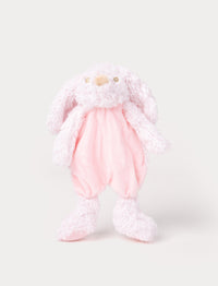 Soft plush bunny with a pink fabric body, floppy furry ears, and fluffy paws.